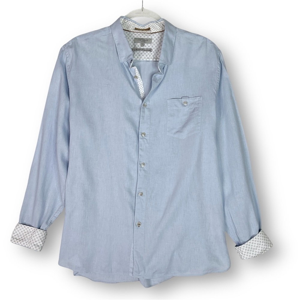 Ted Baker Mens Linen Blend Shirt 3XL Button Up Long Sleeve Contrast Sleeve Blue
